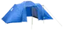 Blå kuppeltelt med to sideafdelinger, frontindgang og udvidet baldakin. Holdbart stof, lynlåsdøre og ventilationsvinduer. Velegnet til flere personer og udendørs brug.