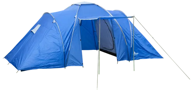 Blå kuppeltelt med to sideafdelinger, frontindgang og udvidet baldakin. Holdbart stof, lynlåsdøre og ventilationsvinduer. Velegnet til flere personer og udendørs brug.