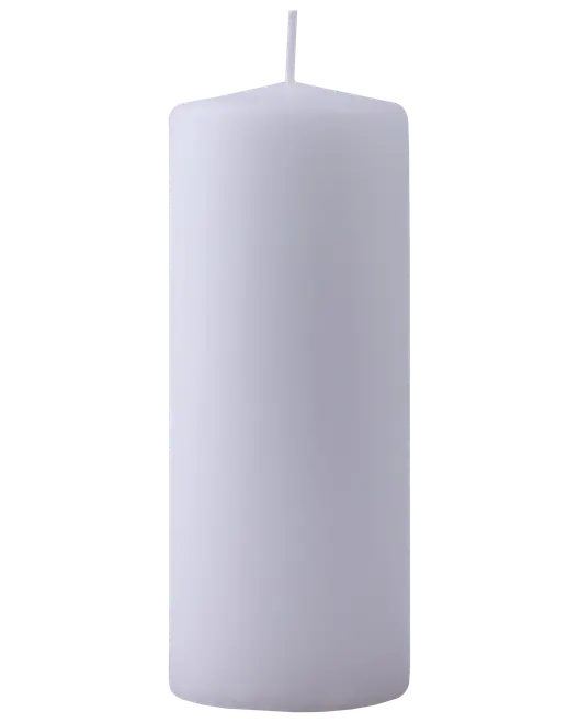 Hvid bloklys med glat, cylindrisk form, flad top og centreret væge. Uparfumeret, velegnet til dekoration, begivenheder eller nødbelysning. Klassisk design passer til de fleste stager.