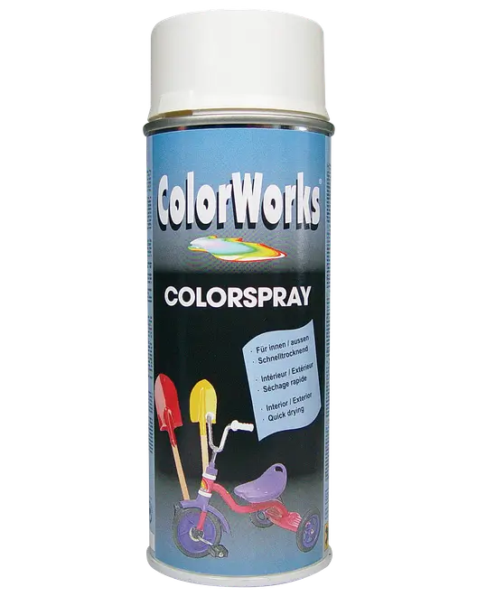 En dåse ColorWorks Colorspray, hvid spraymaling til indendørs og udendørs brug, hurtigtørrende, egnet til forskellige overflader som metal, plast og træ.