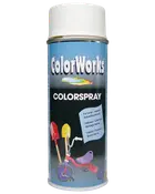 En dåse ColorWorks Colorspray, hvid spraymaling til indendørs og udendørs brug, hurtigtørrende, egnet til forskellige overflader som metal, plast og træ.