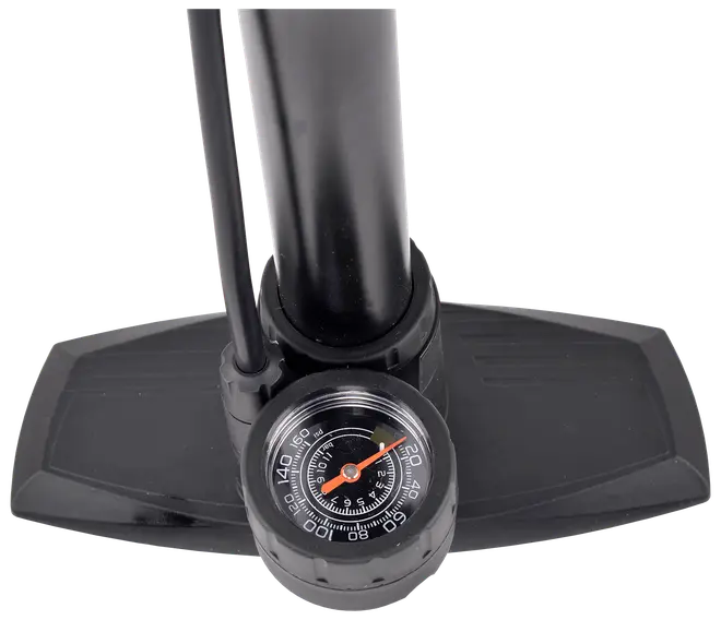 Close-up view of a sturdy black base with textured foot pads, a thick cylindrical tube, and an attached analog pressure gauge. The gauge features a clear dial with white markings, a red needle, and a black background, allowing precise pressure readings. A hose is connected to the side of the tube for air delivery.