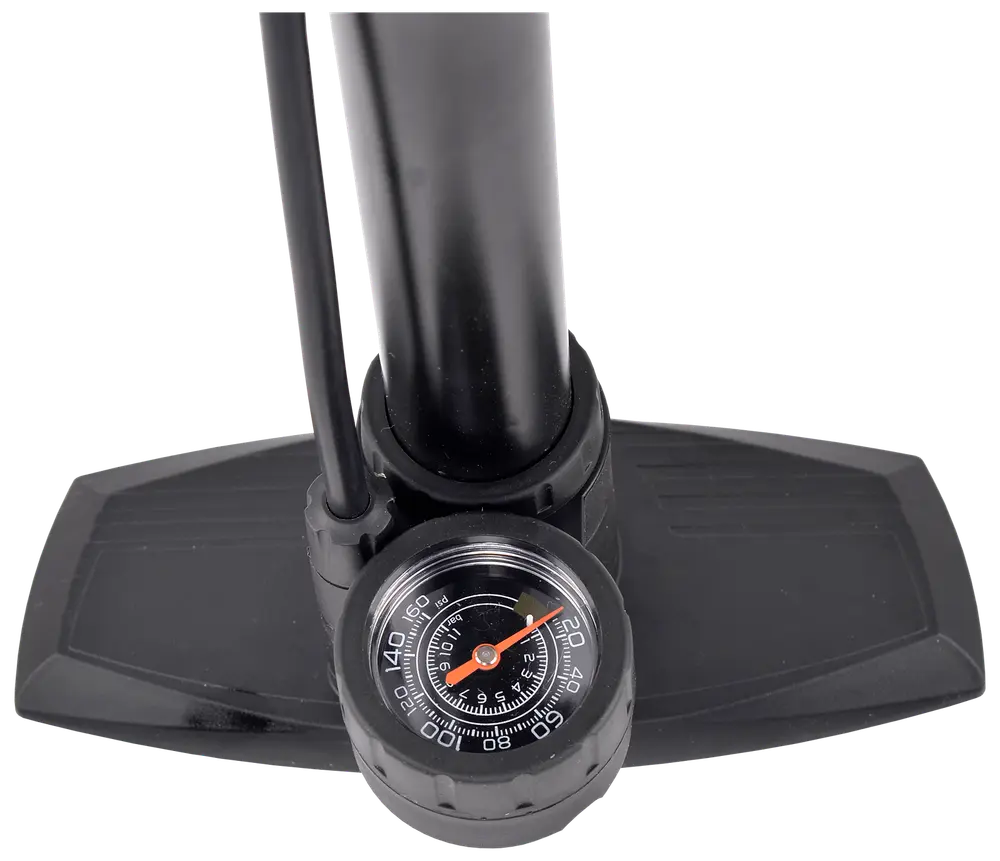 Close-up view of a sturdy black base with textured foot pads, a thick cylindrical tube, and an attached analog pressure gauge. The gauge features a clear dial with white markings, a red needle, and a black background, allowing precise pressure readings. A hose is connected to the side of the tube for air delivery.