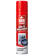 Rød MR Strong ovn- og grillrens aerosol med sprayhætte og ovn-illustration.