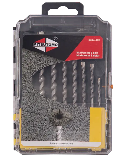 Sæt med 8 Mitsutomo murbor i forskellige størrelser, pakket i klar plastæske, velegnet til boring i beton, sten eller murværk.