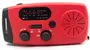 Rød bærbar AM/FM-radio med justerings- og volumeknapper, højttaler, frekvensdisplay, SOS-knap og Vandenberg-logo. Kompakt design til nød- eller udendørsbrug.