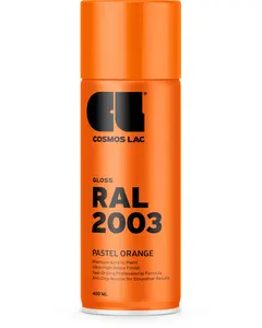400 ml spraydåse med Cosmos Lac blank akrylmaling, RAL 2003 pastel orange. Ultra-høj glans, hurtigtørrende formel og anti-dryp dyse for jævn påføring.