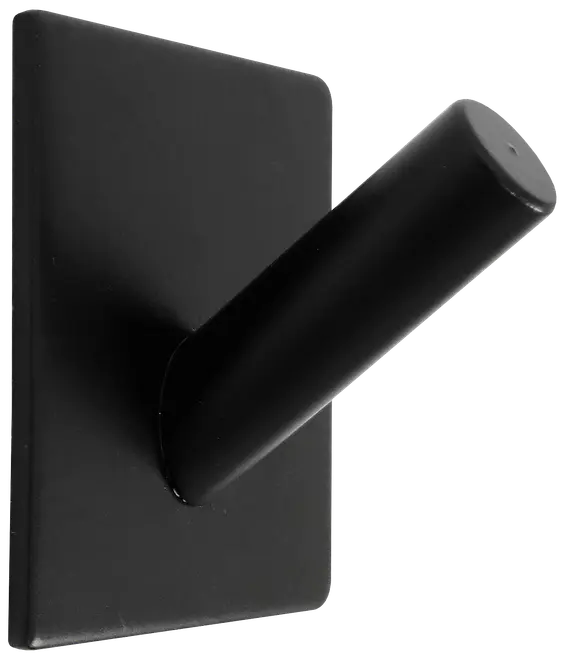 Mat sort vægkrog med firkantet base og cylindrisk tap, vinklet opad. Moderne, minimalistisk design til ophæng af jakker, håndklæder eller tilbehør i hjemmet eller på kontoret.