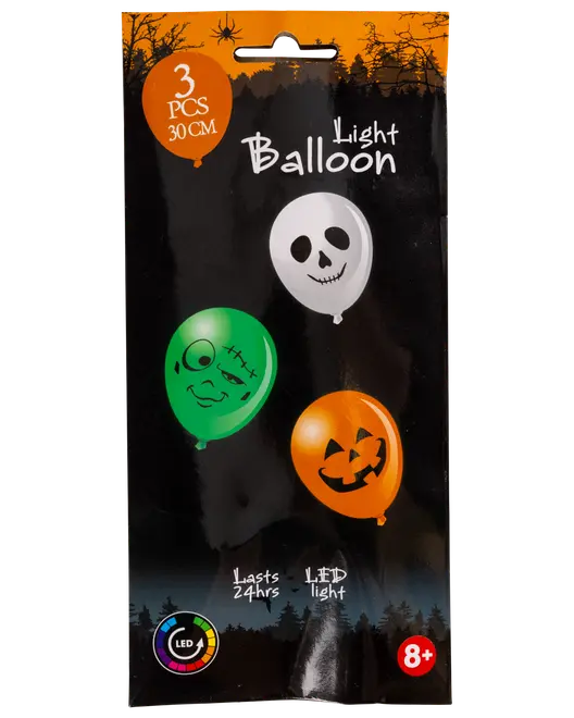 Sæt med 3 LED-lysballoner, 30 cm hver, med Halloween-motiver: kranium, Frankenstein og græskar. Holder i 24 timer. Velegnet til børn fra 8 år.