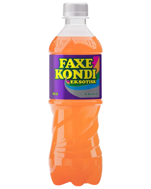 Plastflaske med orange Faxe Kondi Eksotisk sodavand, 50 cl, lilla etiket med gul og grøn tekst, klar låg og snoet flaske for bedre greb.