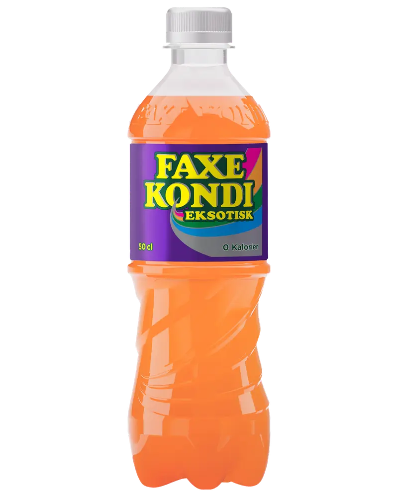 Plastflaske med orange Faxe Kondi Eksotisk sodavand, 50 cl, lilla etiket med gul og grøn tekst, klar låg og snoet flaske for bedre greb.