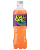 Plastflaske med orange Faxe Kondi Eksotisk sodavand, 50 cl, lilla etiket med gul og grøn tekst, klar låg og snoet flaske for bedre greb.