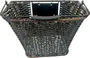 Rectangular basket with a dark brown woven rattan design, featuring a sturdy metal frame around the top edge and a black mounting bracket on the back for secure attachment. The basket has a slightly tapered shape, wider at the top and narrower at the base, and includes a plastic handle grip for easy carrying.