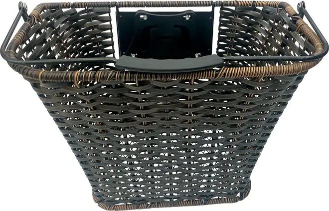 Rectangular basket with a dark brown woven rattan design, featuring a sturdy metal frame around the top edge and a black mounting bracket on the back for secure attachment. The basket has a slightly tapered shape, wider at the top and narrower at the base, and includes a plastic handle grip for easy carrying.