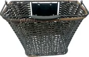 Rectangular basket with a dark brown woven rattan design, featuring a sturdy metal frame around the top edge and a black mounting bracket on the back for secure attachment. The basket has a slightly tapered shape, wider at the top and narrower at the base, and includes a plastic handle grip for easy carrying.