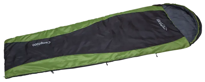 Mumieformet sovepose med sort midte og grønne kanter, let og isoleret, velegnet til camping. Har hætte for ekstra varme og lynlås i siden.