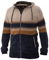 Herrstickad hoodie med dragkedja, dragsko, beige, marinblå och bruna ränder, två framfickor, ribbade muddar och mjukt, varmt tyg.