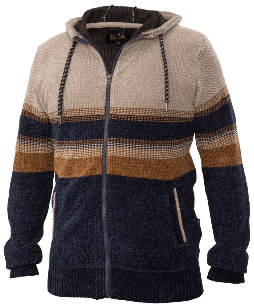 Herrstickad hoodie med dragkedja, dragsko, beige, marinblå och bruna ränder, två framfickor, ribbade muddar och mjukt, varmt tyg.