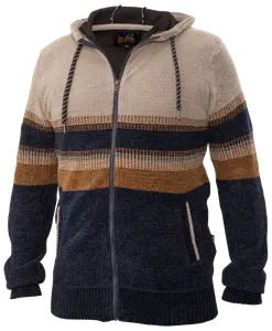 Herrstickad hoodie med dragkedja, dragsko, beige, marinblå och bruna ränder, två framfickor, ribbade muddar och mjukt, varmt tyg.