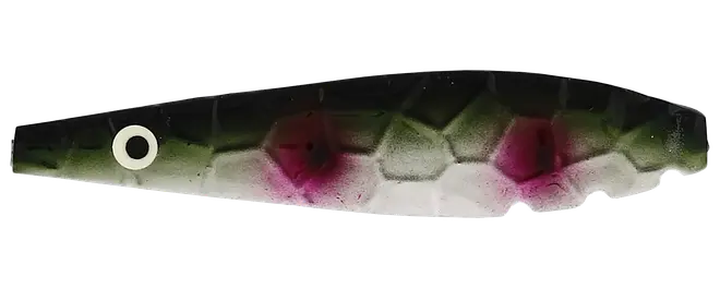 Slank fiskelokke med sort og grøn ryg, hvid bug, pink detaljer og realistisk øje.
