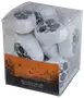 Förpackning med LED-belysta vita döskalledekorationer med svarta detaljerade mönster, perfekta för Halloween eller temafester. Döskallarna syns genom den klara förpackningen.