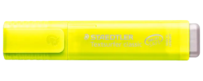 Gul STAEDTLER Textsurfer classic marker med gennemsigtig hætte og rektangulær krop.