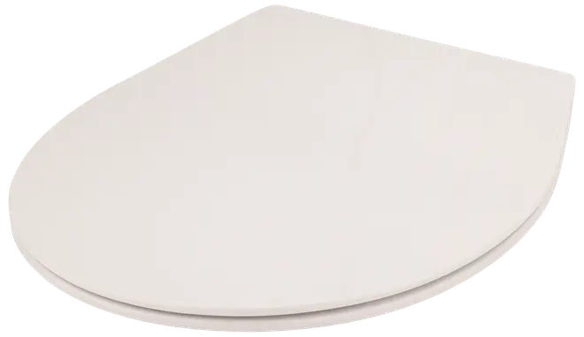 Vitt, ovalformat toalettsits med slät, platt lock. Tillverkad i hållbar plast, passar standardtoaletter. Minimalistisk och modern design för de flesta badrum.