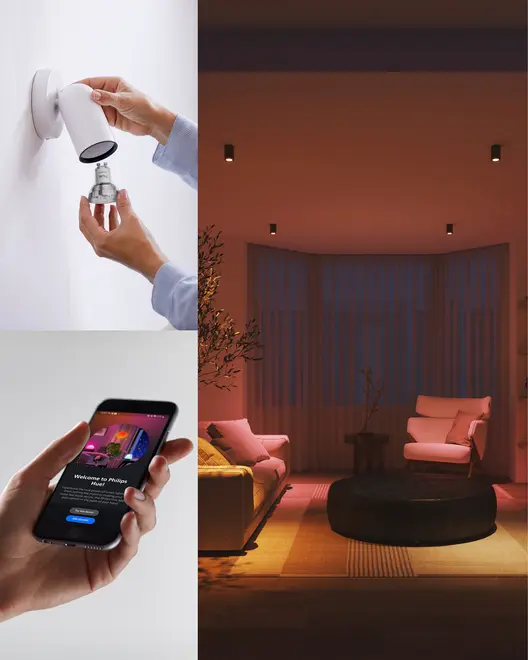 Smart LED-pære til loftslamper, app-styret, justerbar farve og lysstyrke, velegnet til moderne stuer. Nem installation og fjernbetjening via smartphone-app.