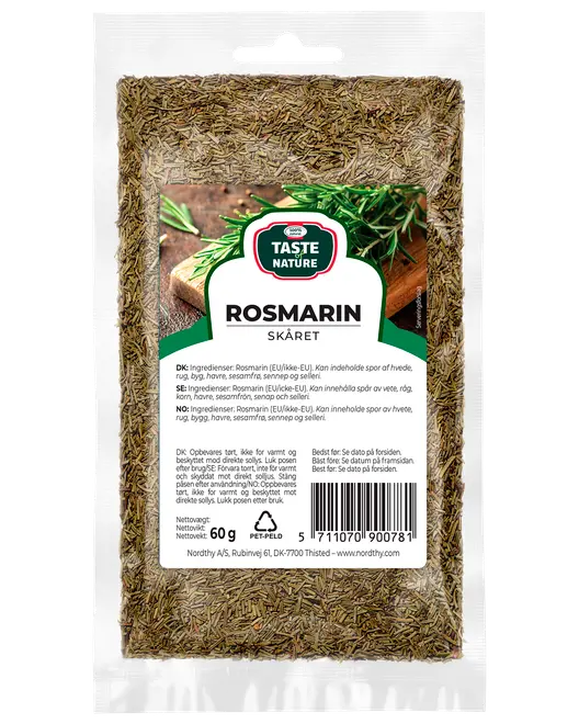60g återförslutningsbar plastpåse med torkad, skuren rosmarin. Transparent framsida visar innehållet. Etikett med produktnamn, ingredienser och användningsinstruktioner på flera språk.