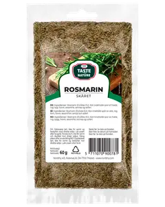 60g återförslutningsbar plastpåse med torkad, skuren rosmarin. Transparent framsida visar innehållet. Etikett med produktnamn, ingredienser och användningsinstruktioner på flera språk.