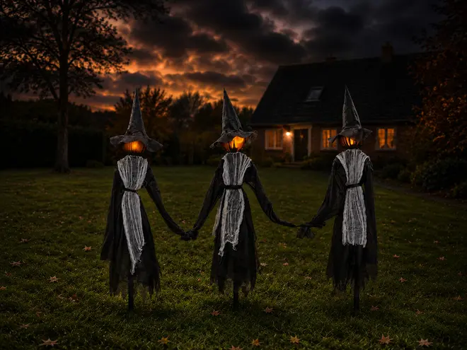 Sæt med tre Halloween-havedekorationer: hekse med græskarhoveder, sorte kapper, spidse hatte og hvide bånd, der holder hinanden i hånden. Til udendørs brug på græsplæne.