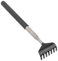 Teleskopisk rygkløer med sort gummihåndtag og metaludtrækkelig skaft, udstyret med kloformet ende til at nå og lindre kløende områder på ryggen.