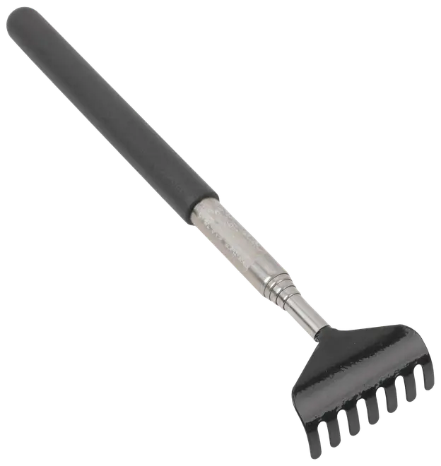 Teleskopisk ryggkliare med svart gummihandtag och utdragbart metallskaft, försedd med kloformad ände för att nå och lindra kliande områden på ryggen.