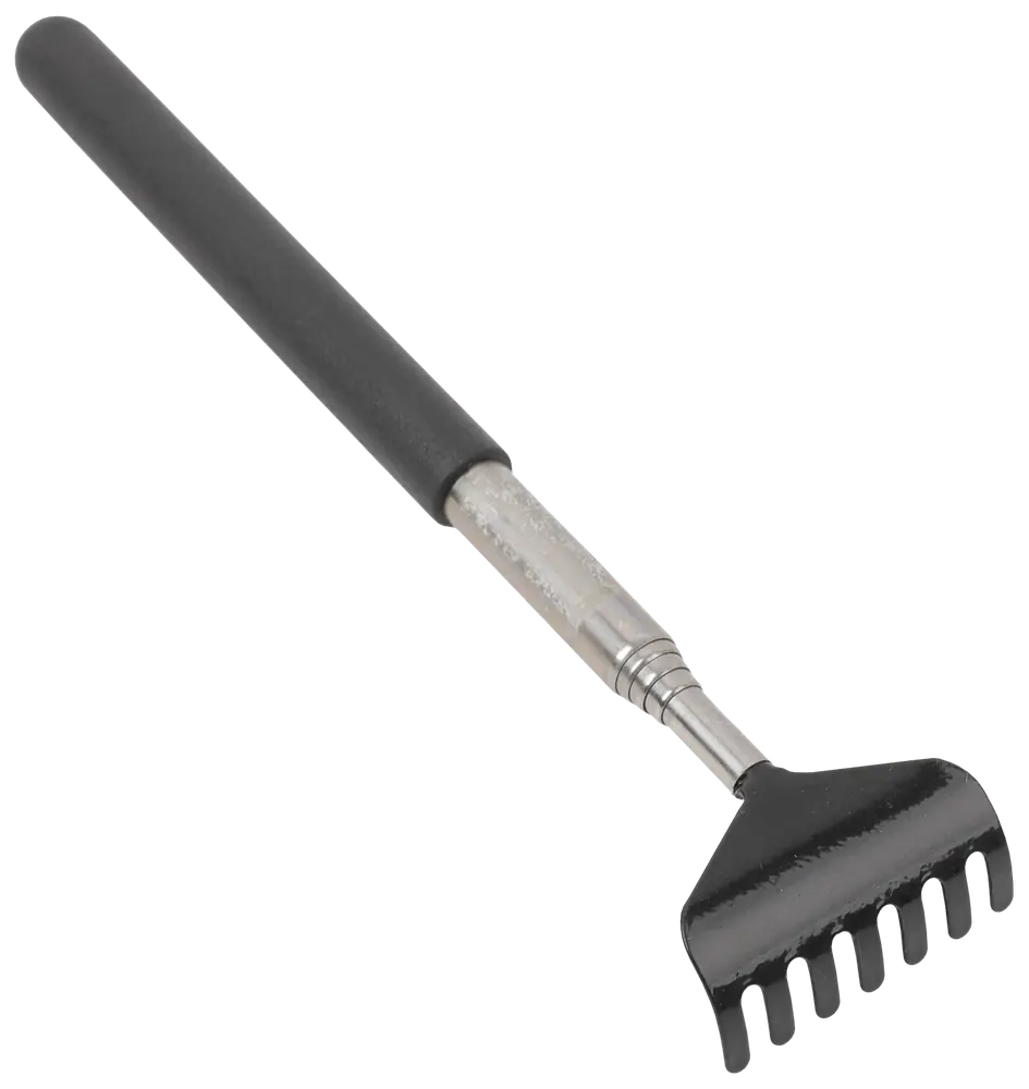 Teleskopisk rygkløer med sort gummihåndtag og metaludtrækkelig skaft, udstyret med kloformet ende til at nå og lindre kløende områder på ryggen.