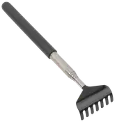 Teleskopisk rygkløer med sort gummihåndtag og metaludtrækkelig skaft, udstyret med kloformet ende til at nå og lindre kløende områder på ryggen.