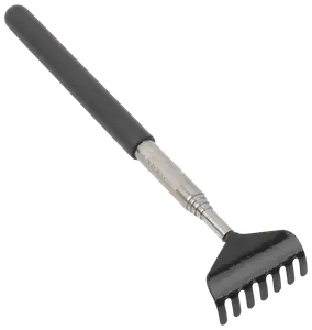 Teleskopisk rygkløer med sort gummihåndtag og metaludtrækkelig skaft, udstyret med kloformet ende til at nå og lindre kløende områder på ryggen.