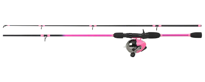 Fiskestang og hjul i pink og sort, med komfortabelt skumhåndtag, letvægtsdesign og flere lineøjer for jævn kastning. Velegnet til begyndere og fritidsfiskere.