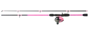 Fiskestang og hjul i pink og sort, med komfortabelt skumhåndtag, letvægtsdesign og flere lineøjer for jævn kastning. Velegnet til begyndere og fritidsfiskere.
