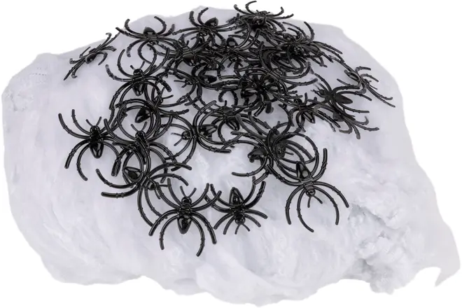 Sæt med hvidt kunstigt edderkoppespind og flere små sorte plastik-edderkopper, perfekt til Halloween eller festdekoration for at skabe en uhyggelig stemning.
