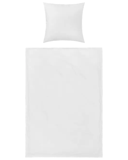 Enkelt vitt bäddset med örngott och påslakan. Tillverkat av slät tyg, har en enfärgad design utan mönster eller dekorationer. Passar minimalistisk eller modern inredning.