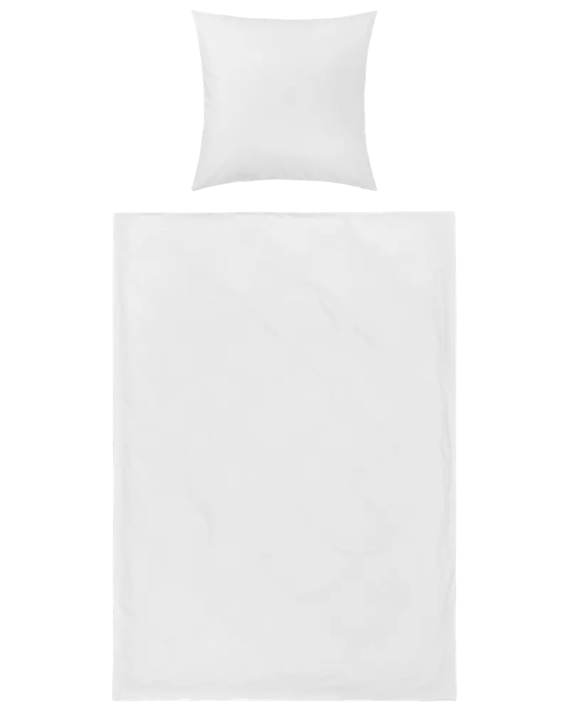 Enkelt hvidt sengesæt med pudebetræk og dynebetræk. Lavet af glat stof, har et ensfarvet design uden mønstre eller pynt. Passer til minimalistisk eller moderne soveværelse.