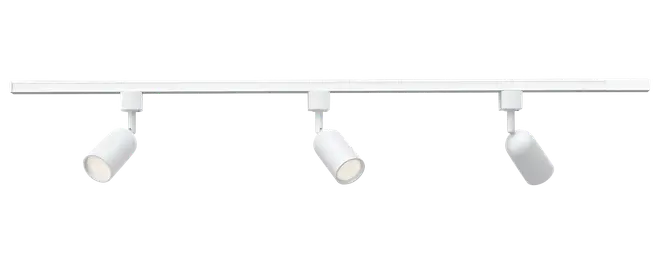 Moderne hvid skinnebelysning med tre justerbare cylindriske spots på en lige skinne. Velegnet til retningsbestemt belysning i stue, køkken eller galleri. Elegant, minimalistisk design.