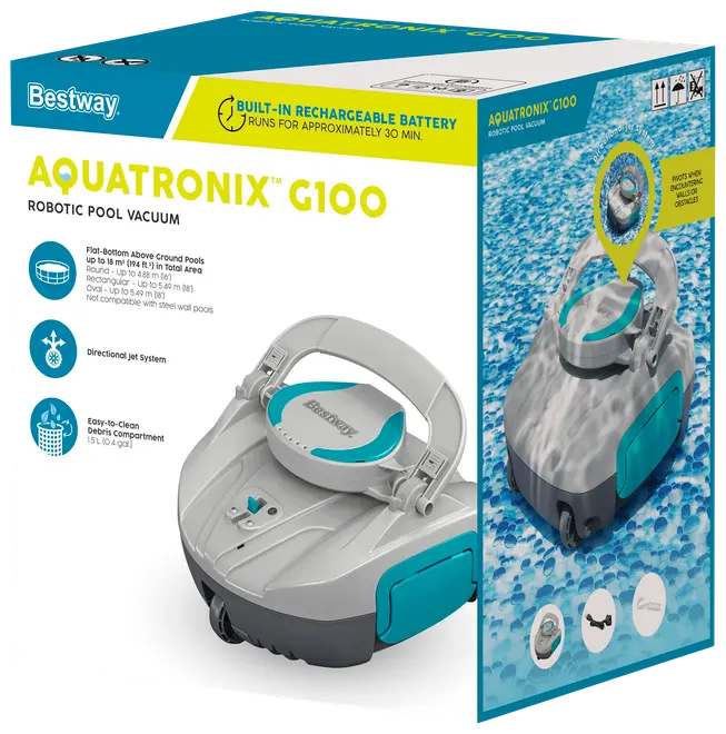 Bestway Aquatronix G100 robotpooldammsugare, grå och turkos, uppladdningsbart batteri, bärhandtag, riktat jetsystem, för platta ovanmarkspooler, lättstädad skräpfack.