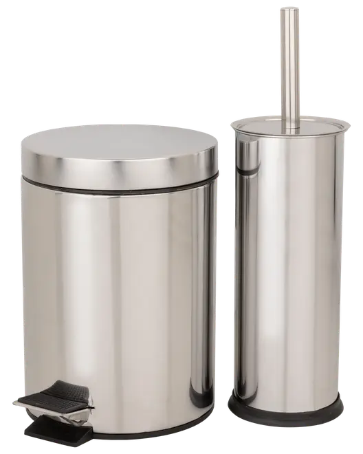 Badeværelsessæt i rustfrit stål med pedalspand og matchende toiletbørsteholder. Begge har et slankt, cylindrisk design og blank, poleret overflade for et moderne udtryk.