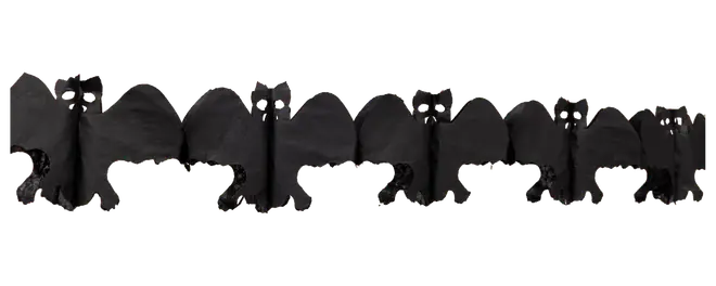 Sort flaggirlande med flere sammenkoblede flagermussilhuetter og glitrende øjne til Halloween-væg- eller festdekoration.
