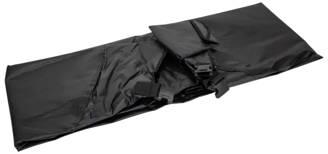 Sort nylon bæretaske med justerbare stropper, spænde-lukning og lille udvendig lomme. Velegnet til transport og beskyttelse af lange, smalle genstande som stativer eller udstyr.