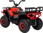 Rød og sort ATV-køretøj til børn med styr, grove mønstrede hjul og for- og bagagebærer.