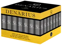 Rektangulær æske mærket "Denarius" fra Imperium, guld og sort design, indeholder 49 skud fyrværkeri med forskellige effekter som guld, glitter og farvede stjerner.