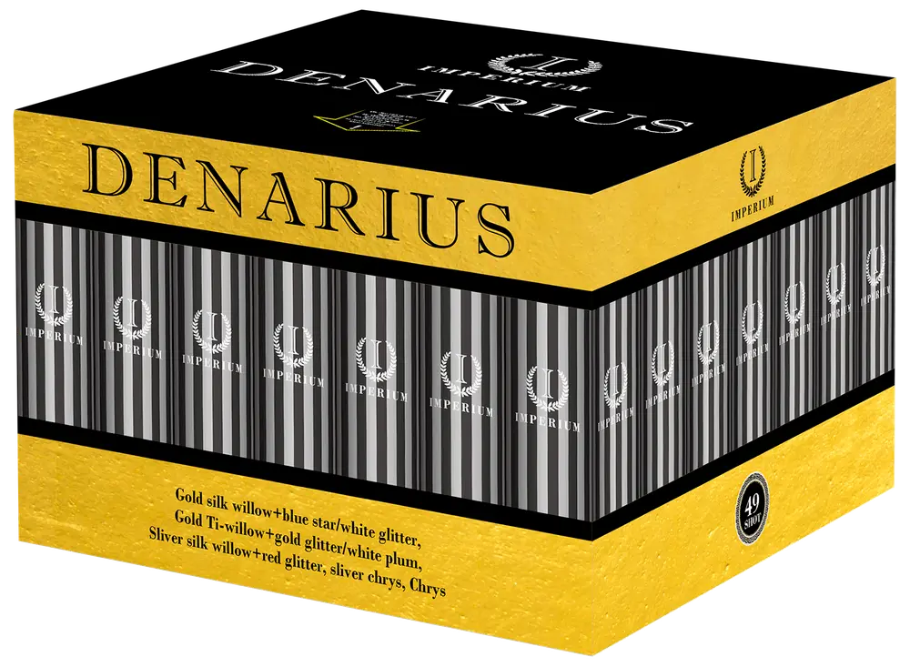 Rektangulær æske mærket "Denarius" fra Imperium, guld og sort design, indeholder 49 skud fyrværkeri med forskellige effekter som guld, glitter og farvede stjerner.