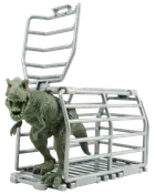 Legetøjsdinosaur med grøn, struktureret hud og røde øjne, delvist inde i et sølvfarvet plastbur med åben dør, ideel til fantasifuld leg og dinosaurtemaer.